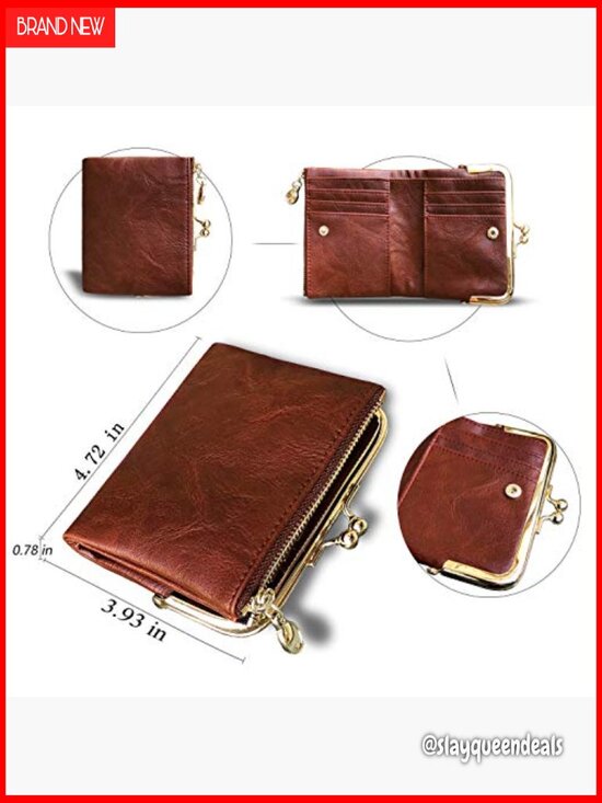 Small RFID Bifold Leather Wallet with Zipper and Kiss Lock Closure